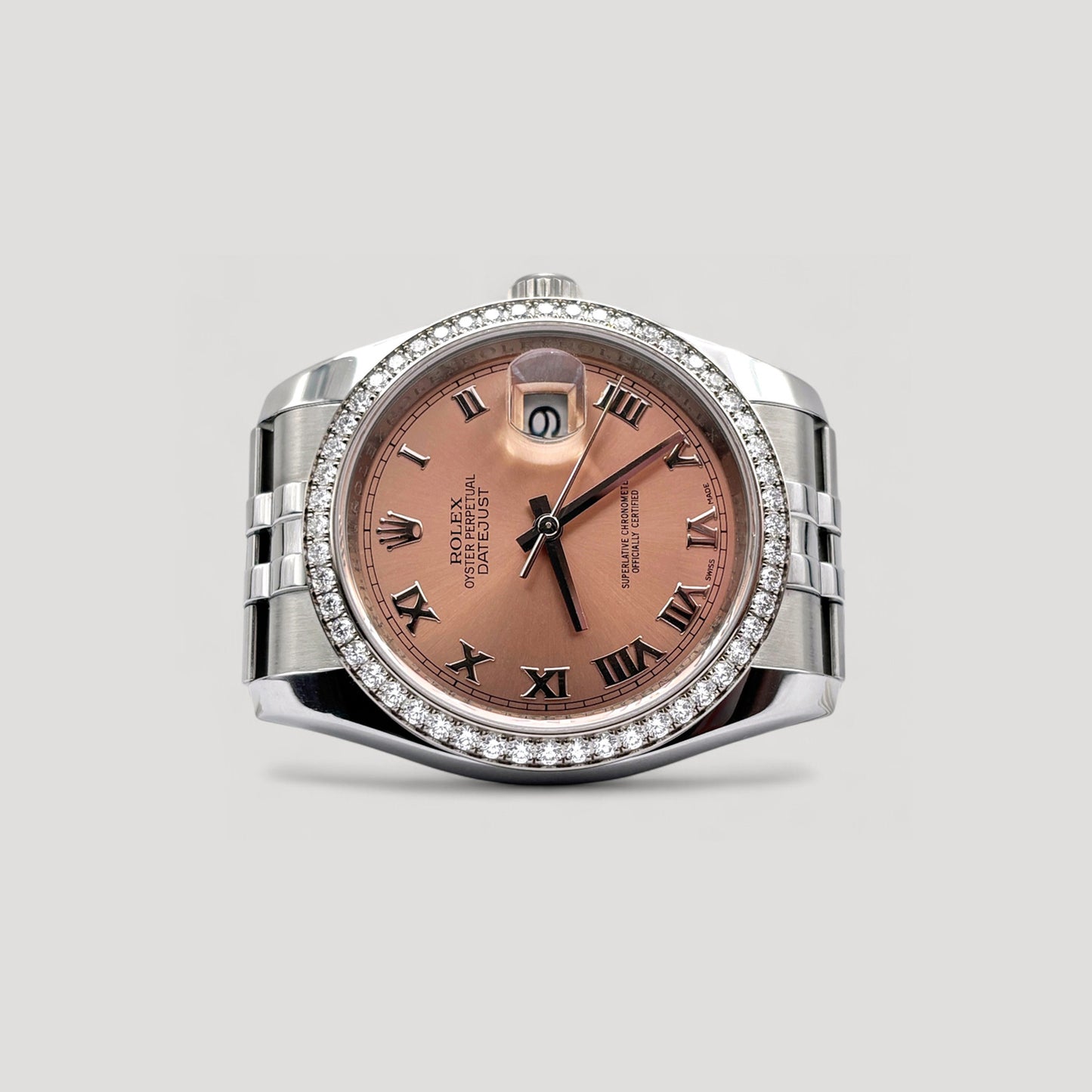 Mint Rolex Datejust Salmon Roman w/ Diamond Bezel Jubilee 36mm 116244