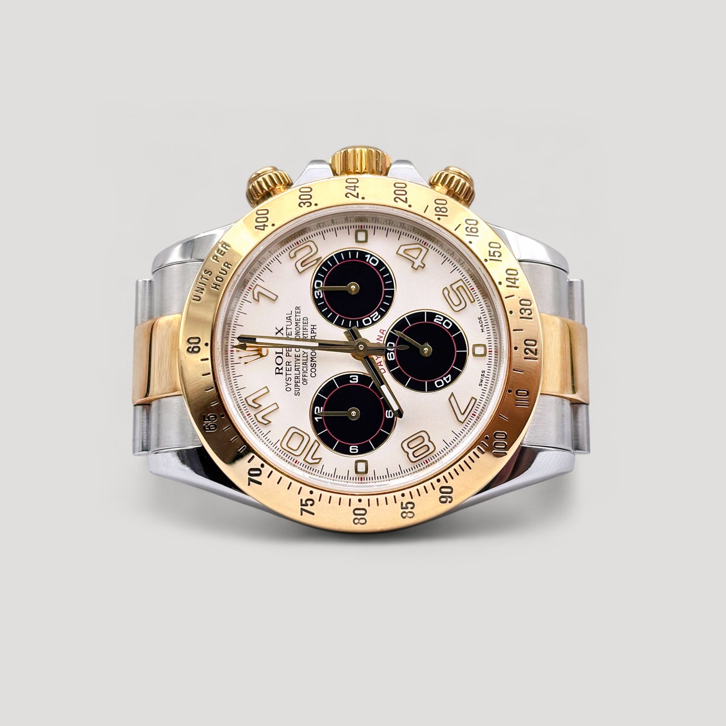 Mint Rolex Daytona Ivory Arabic Racing "Panda" Half Gold 40mm 116523