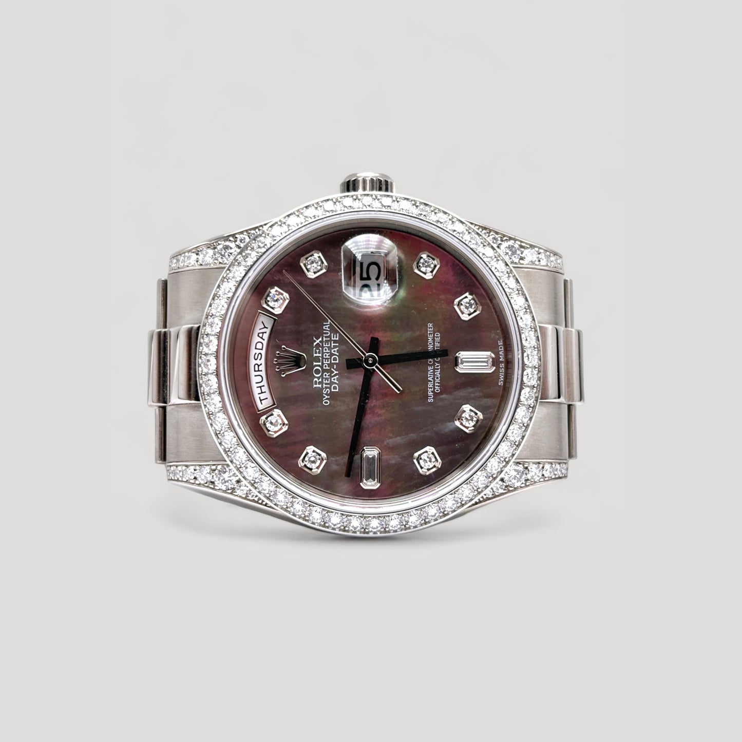 LNIB Rolex Day Date Tahitian MOP Diamond w/ Factory Diamond Bezel & Lugs "President" White Gold 36mm 118389