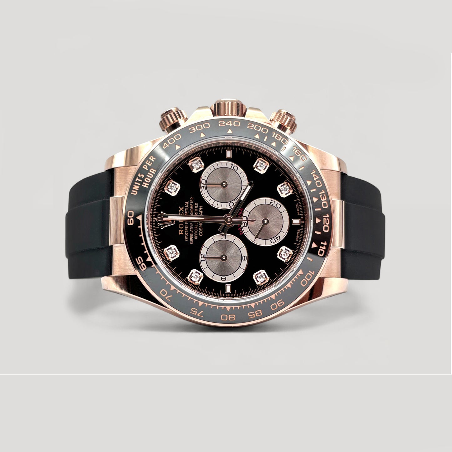 Mint Rolex Daytona Black & Sundust w/ 8 Points Diamond Oysterflex Rose Gold 40mm 126515LN