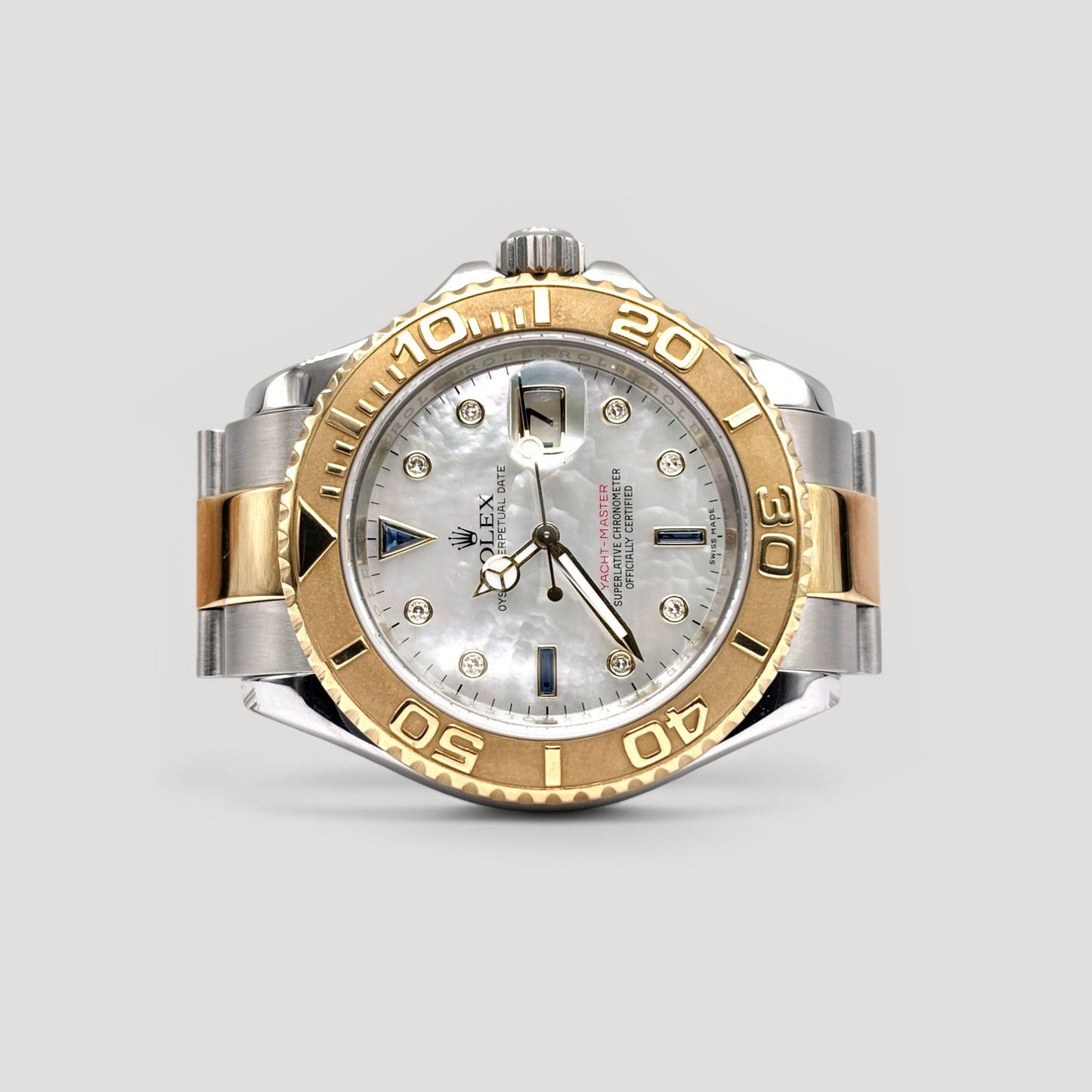 Mint Rolex Yacht Master MOP w/ 8 Points & Sapphire Diamond Half Gold 40mm 16623