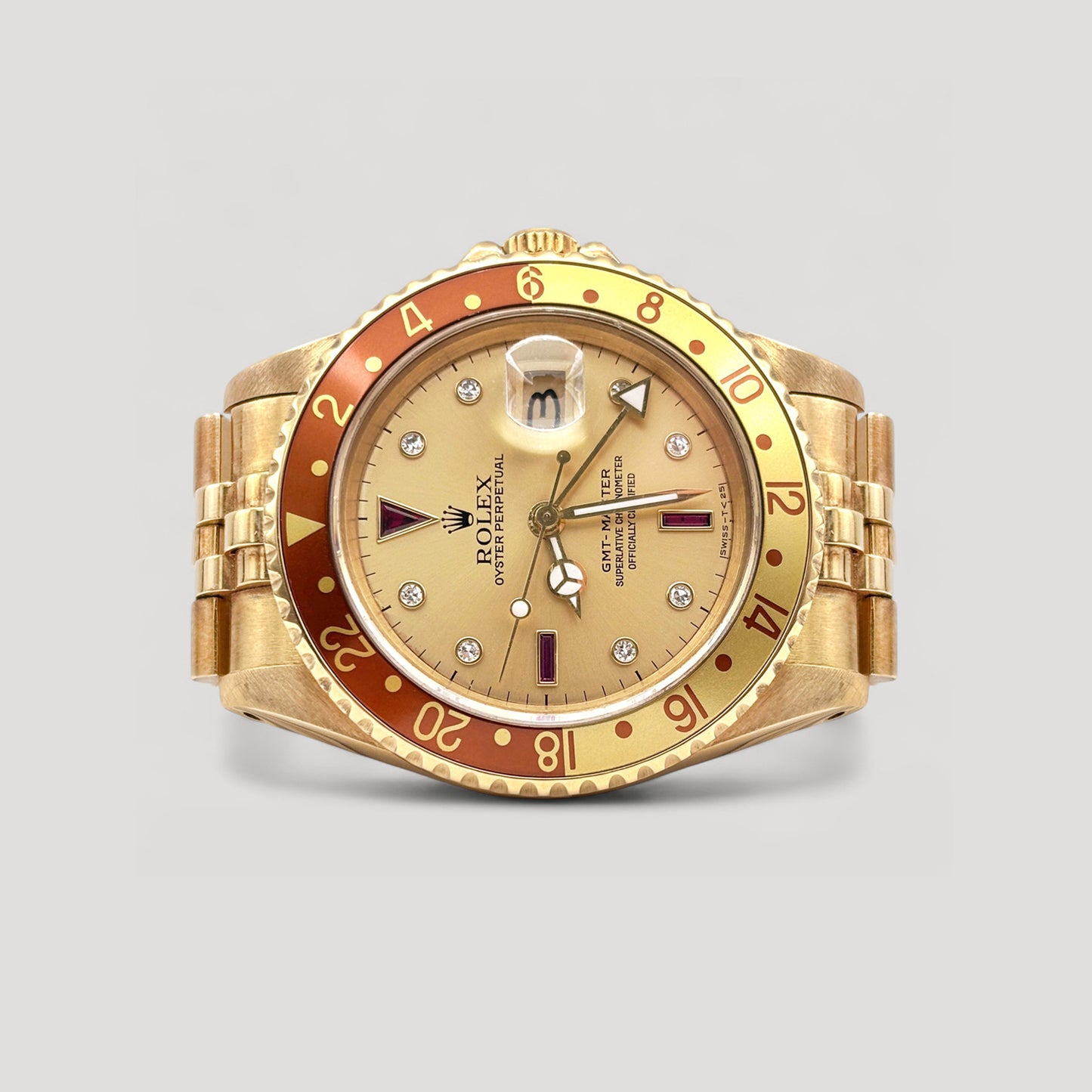 Rolex GMT Master Rootbeer Serti Diamond w/ Ruby Jubilee Yellow Gold 40mm 16758