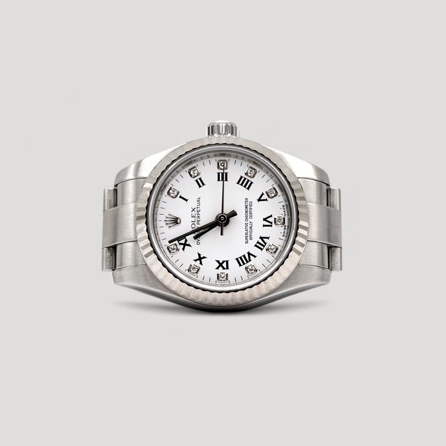 Mint Rolex Oyster Perpetual White Roman w/ Diamond Oyster 26mm 176234