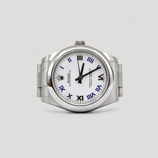 Mint Rolex Oyster Perpetual White w/ Blue Roman 31mm 177200