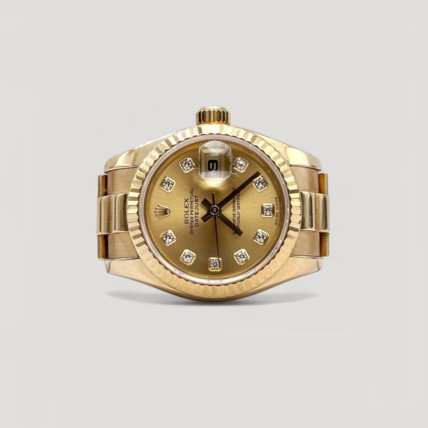 Mint Rolex Datejust Lady Queen Champagne w/ 10 Points Diamond President Yellow Gold 26mm 179178
