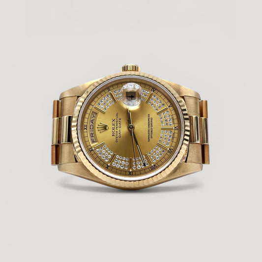 Mint Rolex Day Date Champage Myriad Diamond Dial "President" Yellow Gold 36mm 18238