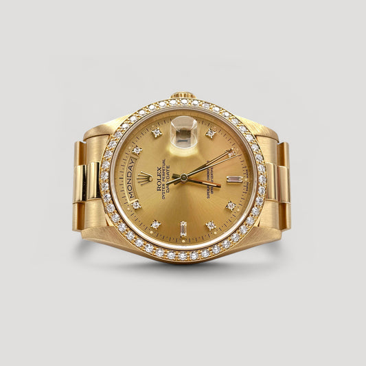 Mint Rolex Day Date "President" Champagne w/ Diamond & Diamond Bezel Yellow Gold 36mm 18348