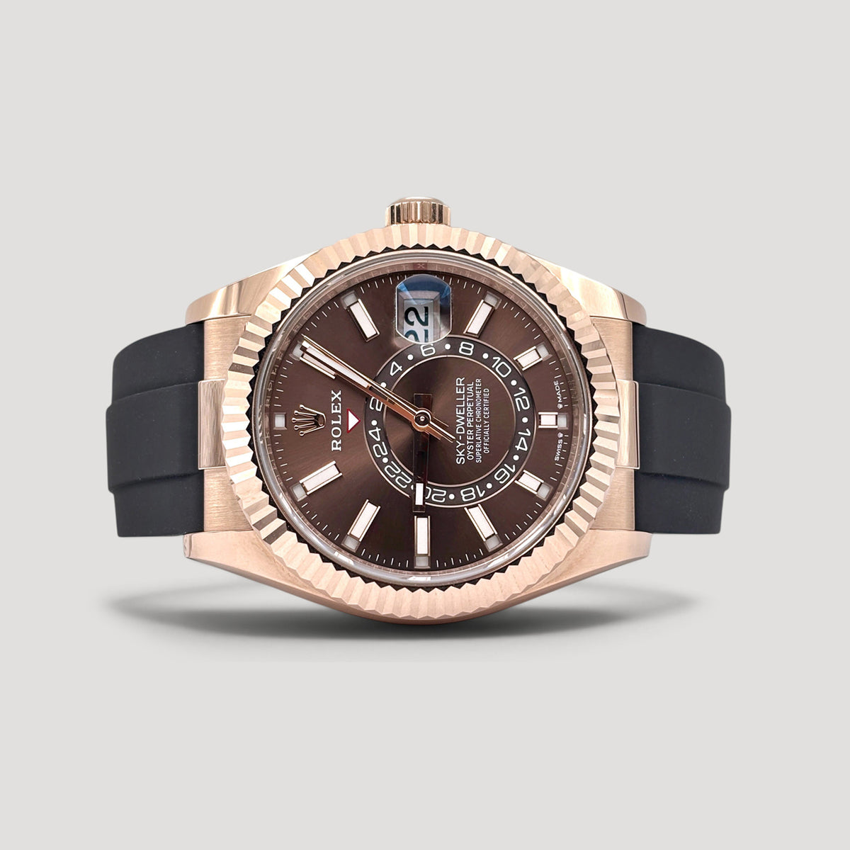 Brand New Rolex Sky Dweller Chocolate Oysterflex Rose Gold 42mm 336235