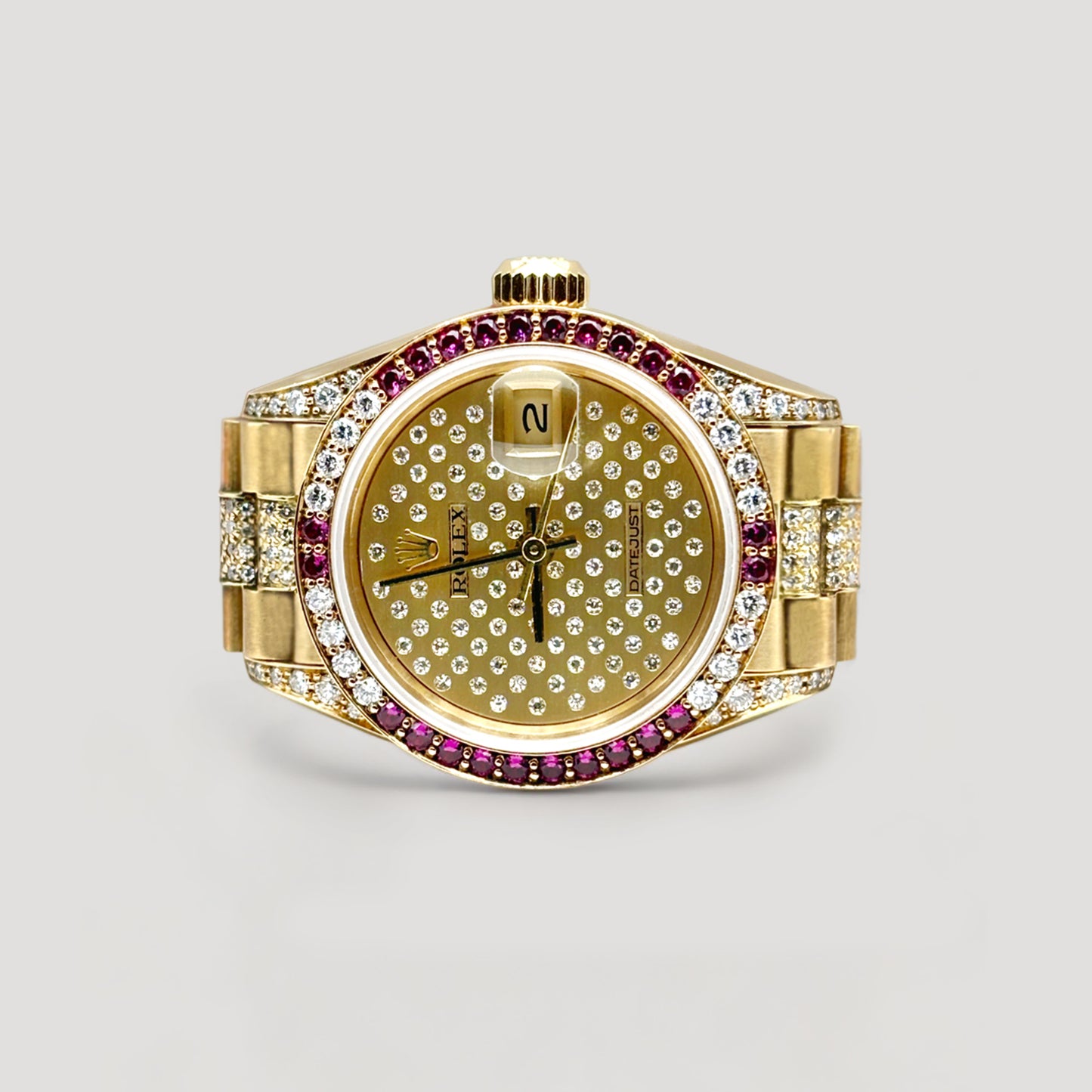 Rare Rolex Datejust Lady Queen "President" Factory Diamond Ruby Bezel, Lugs & Dial w/ Factory Diamond Bracelet YG 26mm 69038