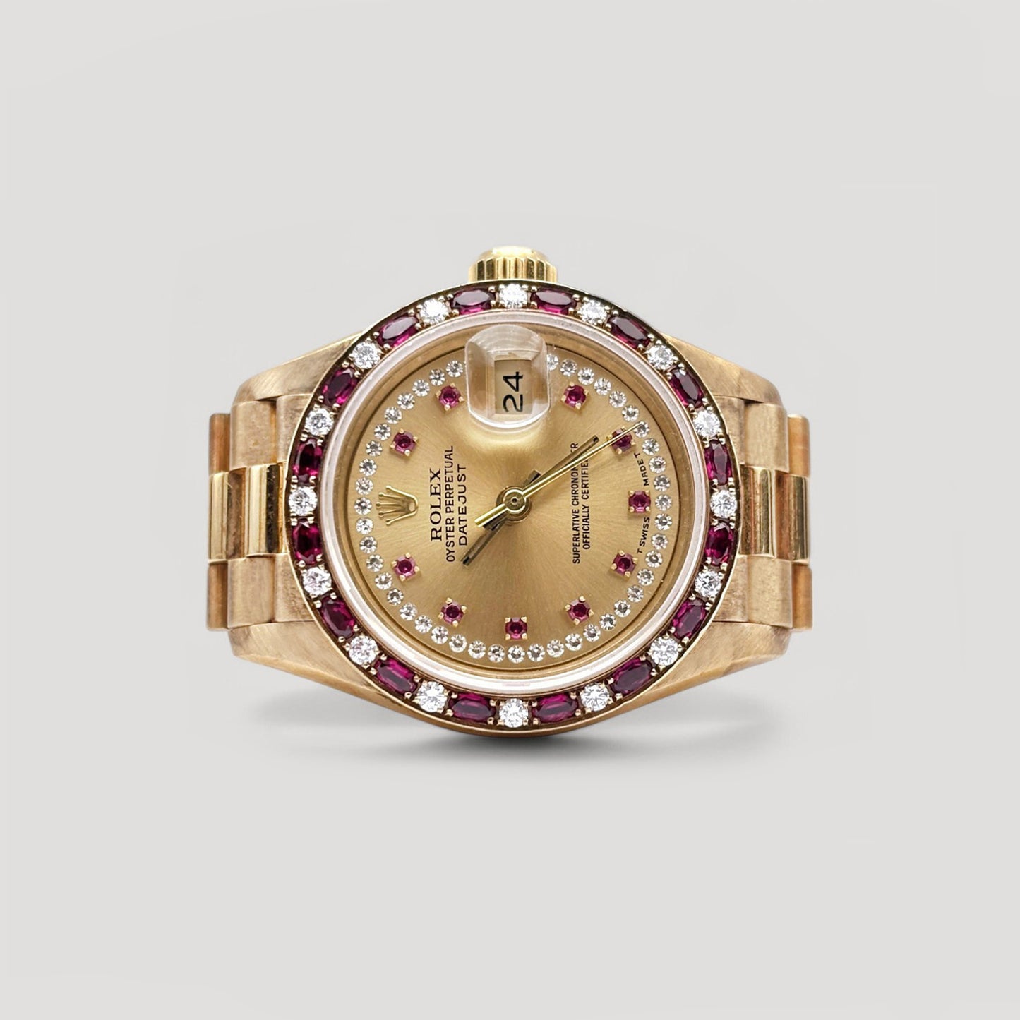 Rare Rolex Datejust Lady Queen "President" Factory Ruby & Diamond YG 26mm 69198LR