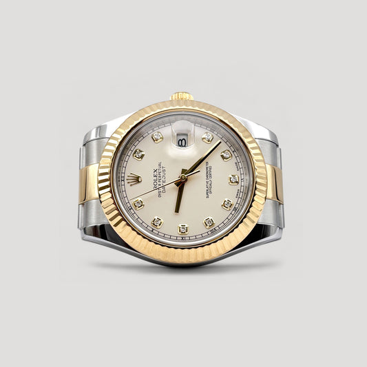 Mint Rolex Datejust Ivory w/ 10 Points Diamond Oyster Half Gold 41mm 116333