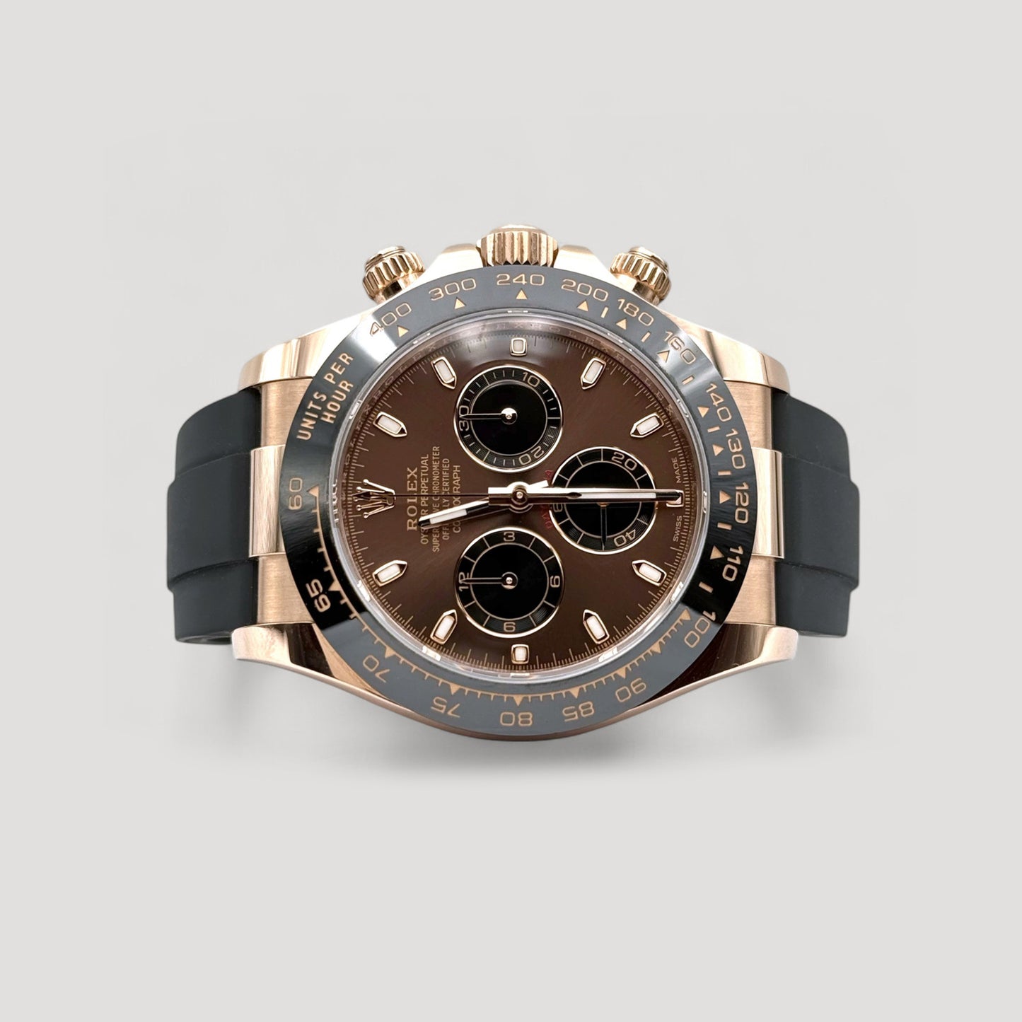 Mint Rolex Daytona Chocolate Oysterflex Rose Gold 40mm 116515LN