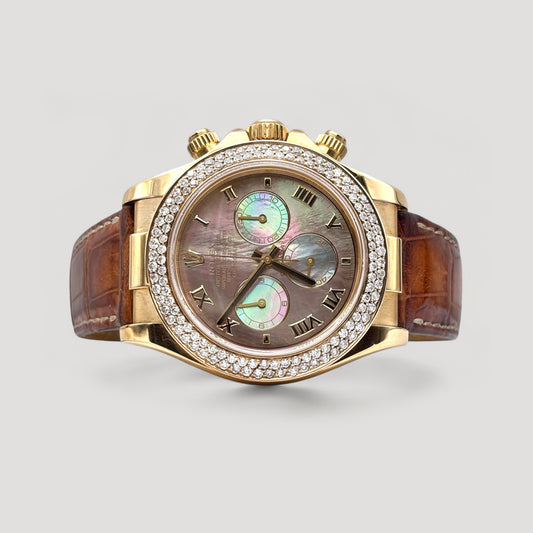 Mint Rolex Daytona Tahitian MOP Roman w/ Custom Diamond Bezel Leather 18K Yellow Gold 40mm 116518