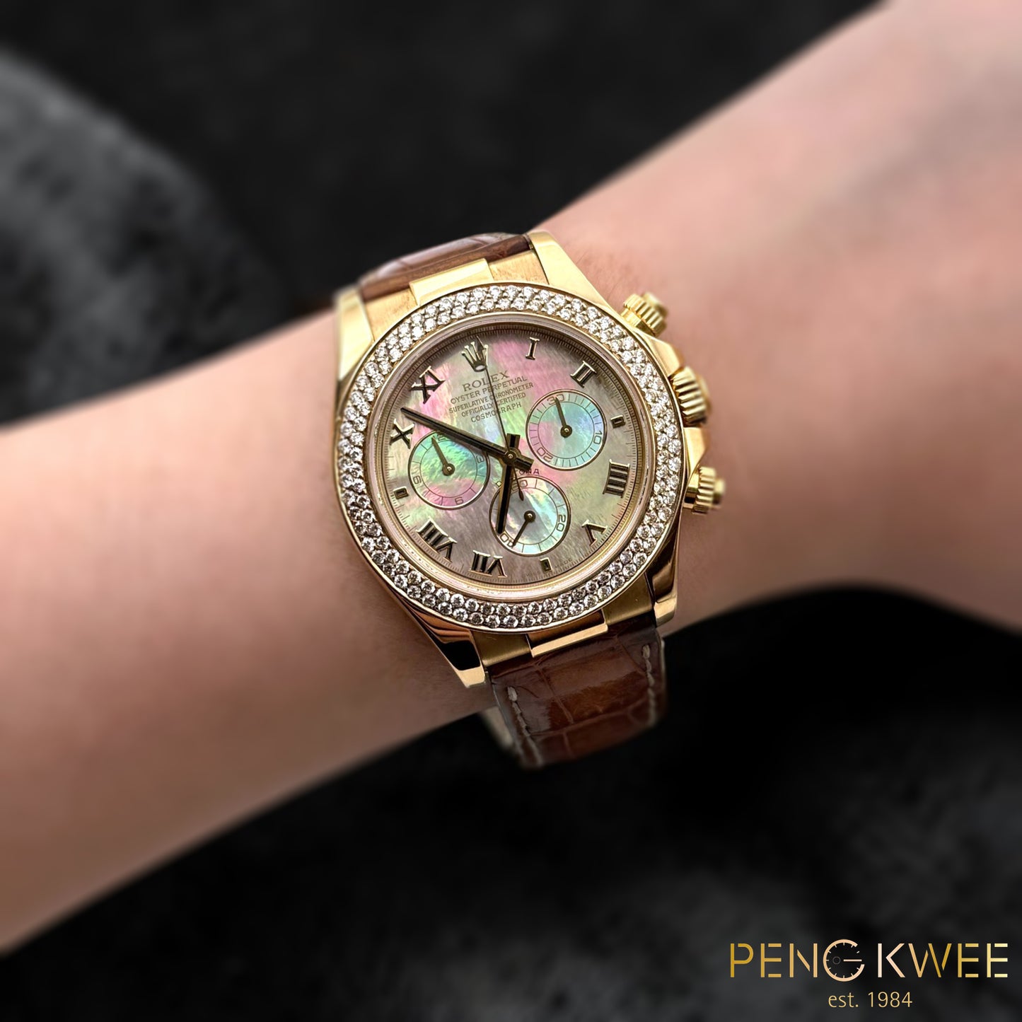 Mint Rolex Daytona Tahitian MOP Roman w/ Custom Diamond Bezel Leather 18K Yellow Gold 40mm 116518