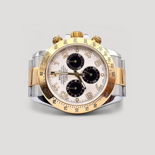 Mint Rolex Daytona Ivory Arabic Racing "Panda" Half Gold 40mm 116523