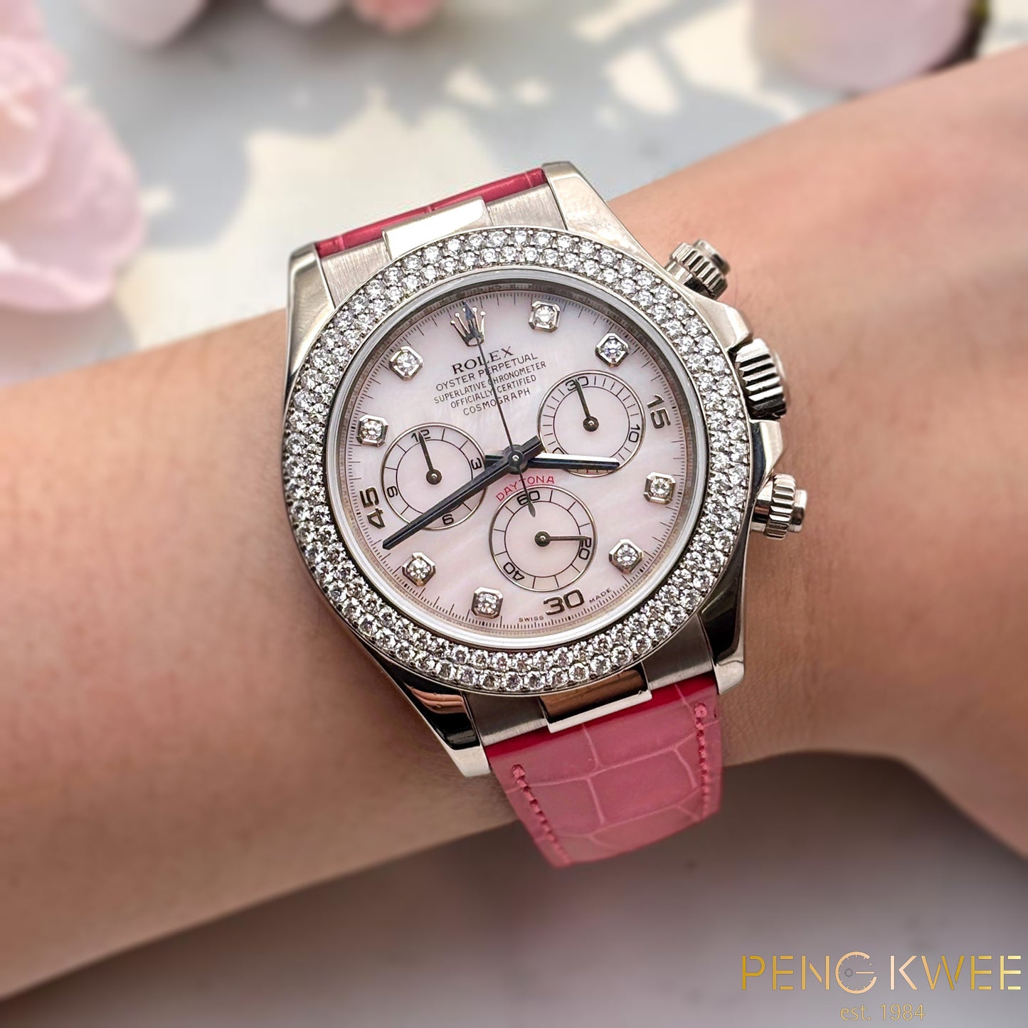 Mint Rolex Daytona Pink MOP w/ 8 Points Diamond & Diamond Bezel Leather White Gold 40mm 116589RBR