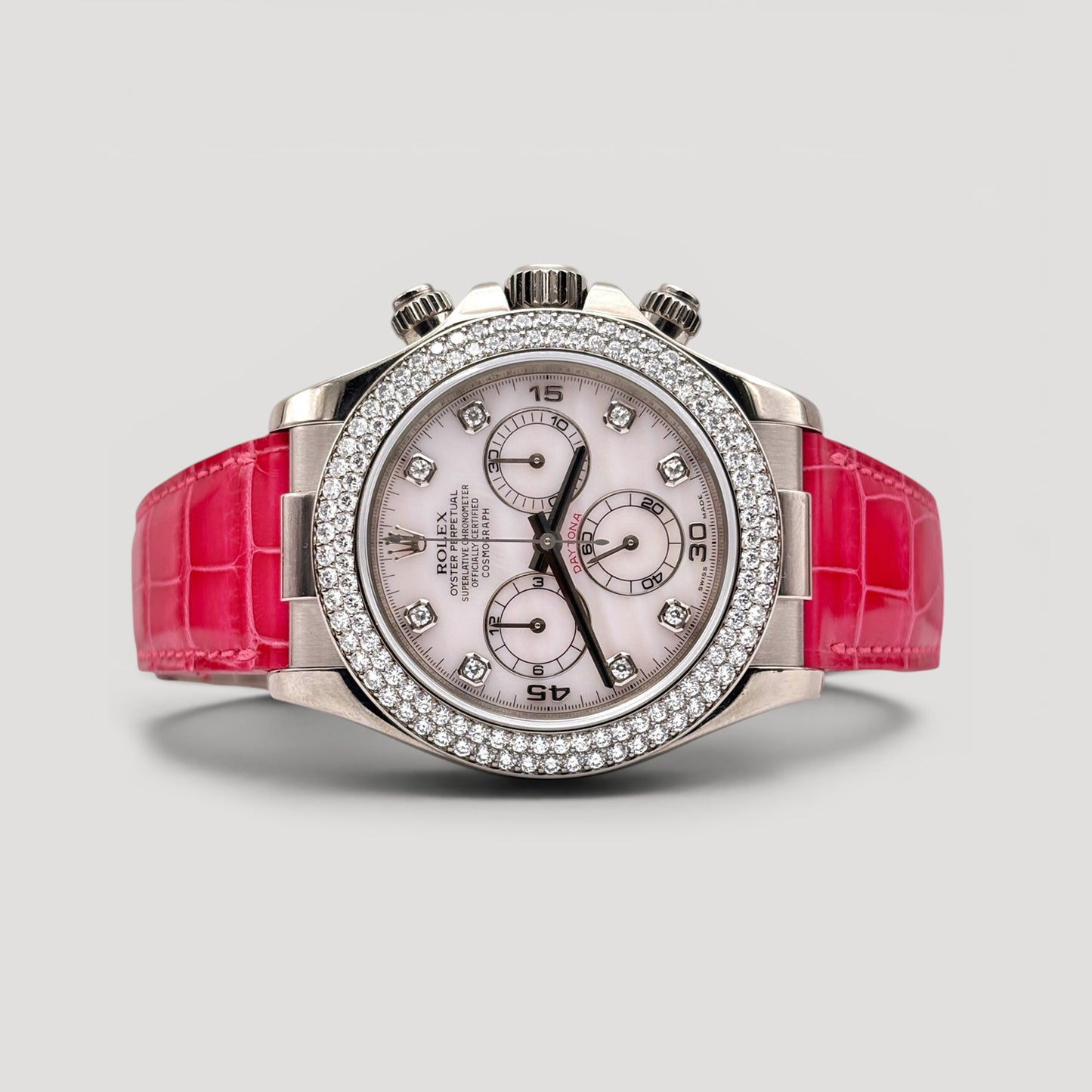 Mint Rolex Daytona Pink MOP w/ 8 Points Diamond & Diamond Bezel Leather White Gold 40mm 116589RBR