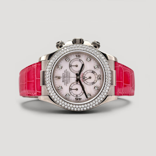 Mint Rolex Daytona Pink MOP w/ 8 Points Diamond & Diamond Bezel Leather White Gold 40mm 116589RBR