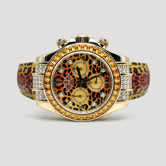 Mint Rolex Daytona Leopard Factory Diamond Bezel & Lugs Yellow Gold 40mm 116598SACO