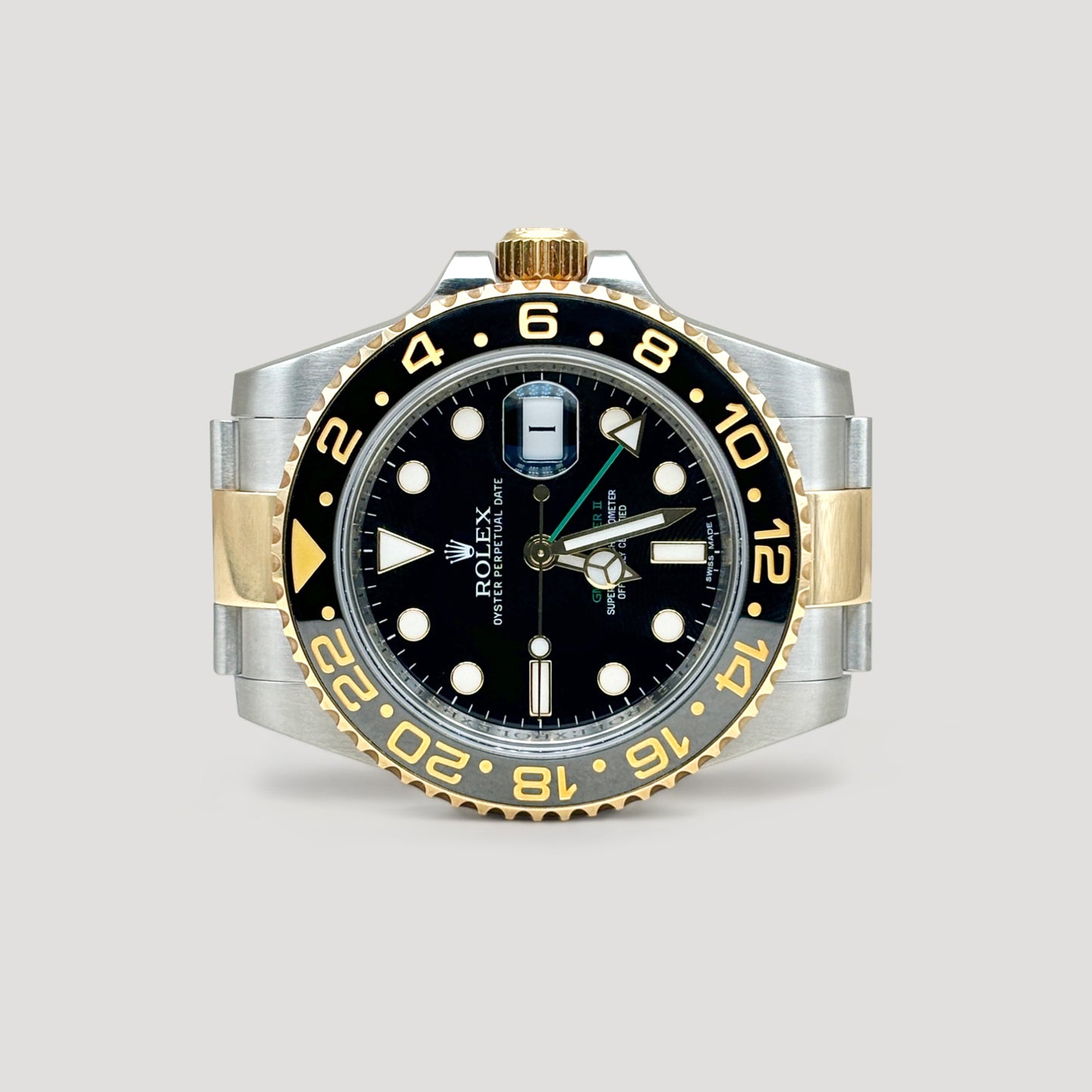 Mint Rolex GMT Master II Black Half Gold 40mm 116713LN