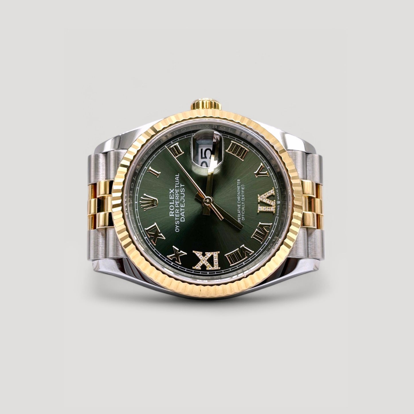 Mint Rolex Datejust Olive Green w/ VI & IX Diamond Jubilee 36mm 126233