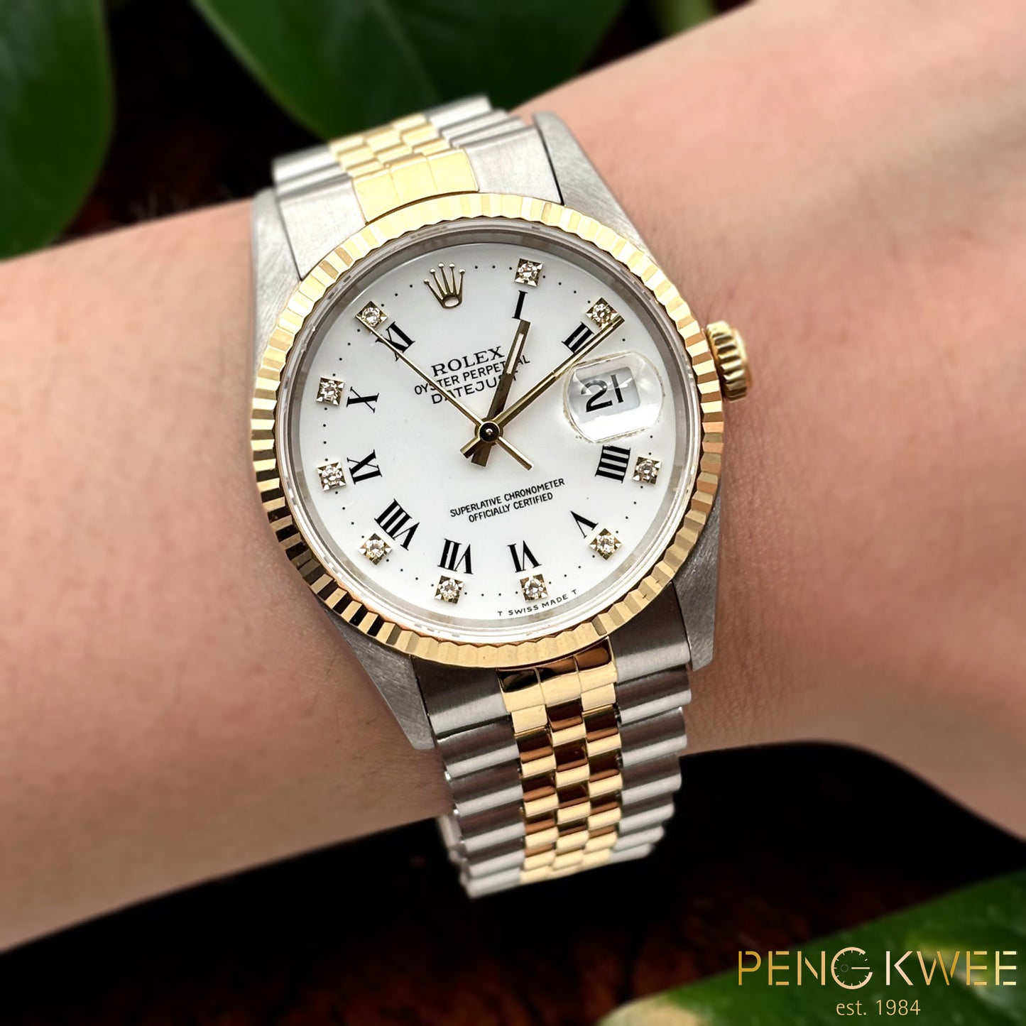 Mint Rolex Datejust White Roman w/ 10 Points Diamond Jubilee Half Gold 36mm 16233