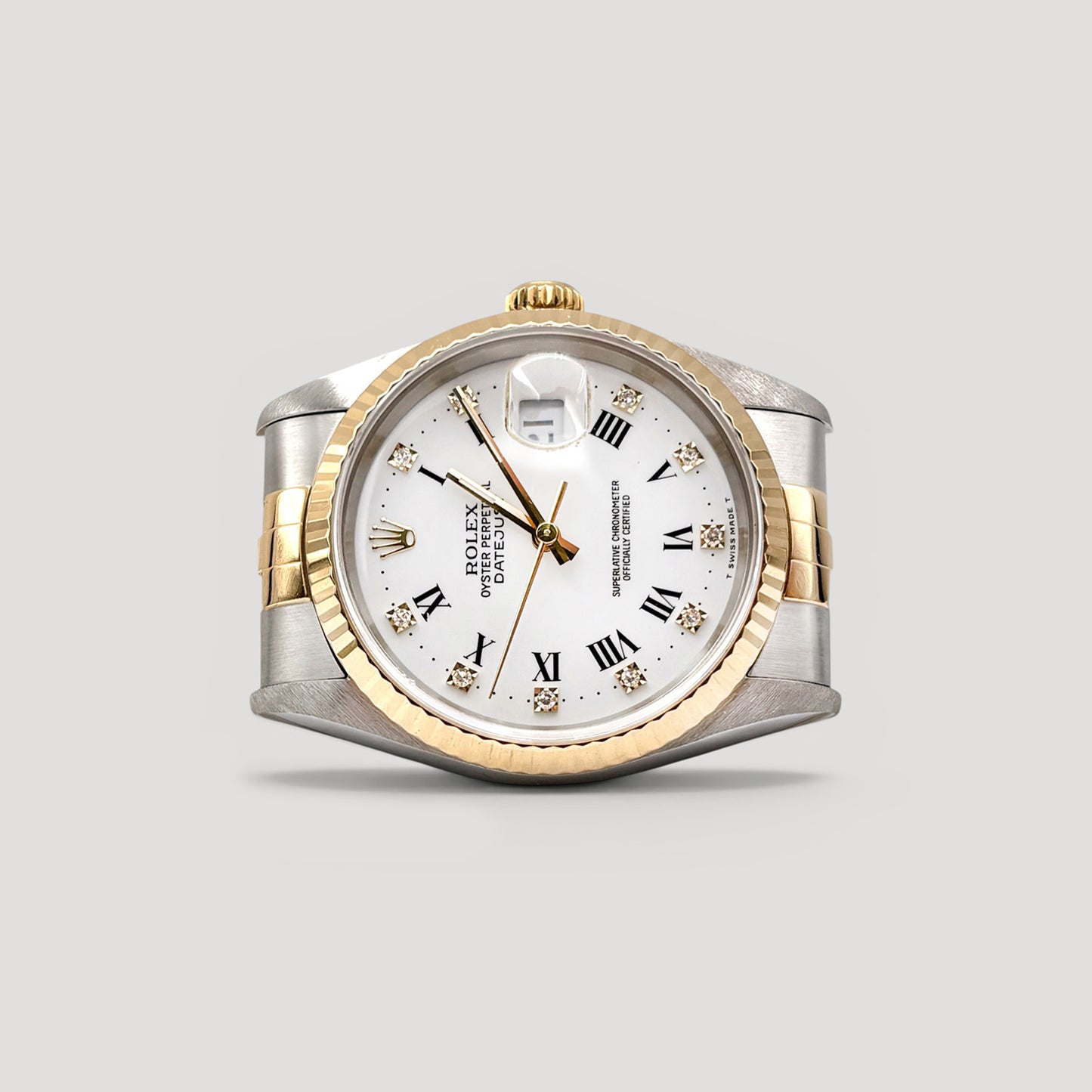 Mint Rolex Datejust White Roman w/ 10 Points Diamond Jubilee Half Gold 36mm 16233