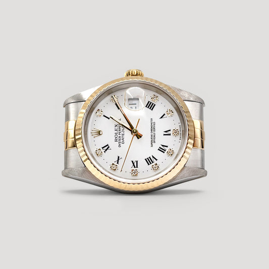 Mint Rolex Datejust White Roman w/ 10 Points Diamond Jubilee Half Gold 36mm 16233