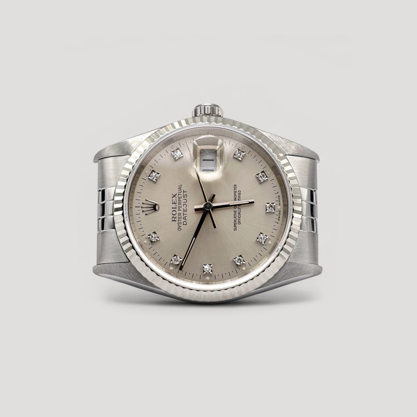 Mint Rolex Datejust Silver w/ 10 Points Diamond Jubilee 36mm 16234