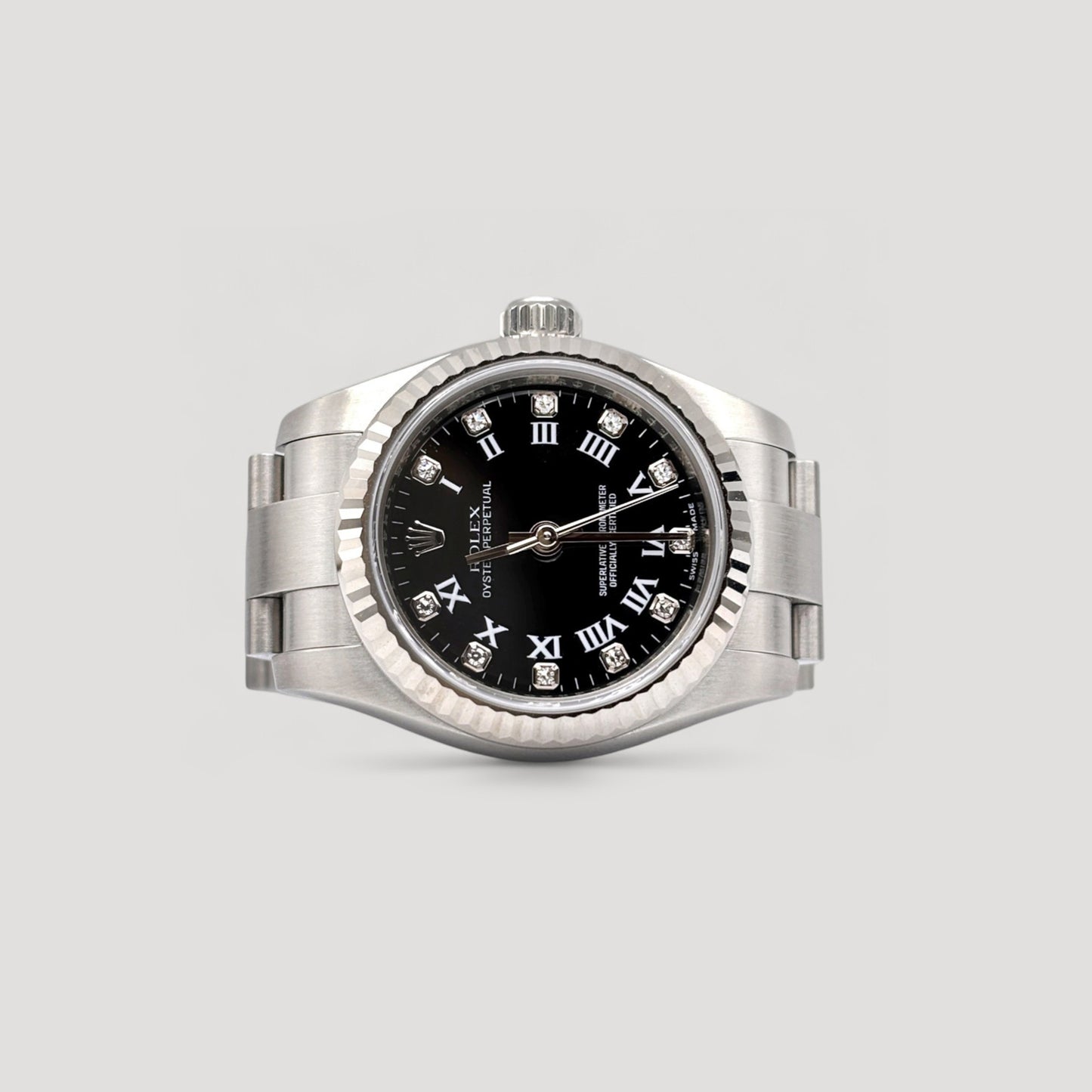 Mint Rolex Oyster Perpetual Black Roman w/ Diamond Oyster 26mm 176234