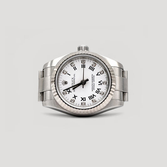 Mint Rolex Oyster Perpetual White Roman w/ Diamond Oyster 26mm 176234