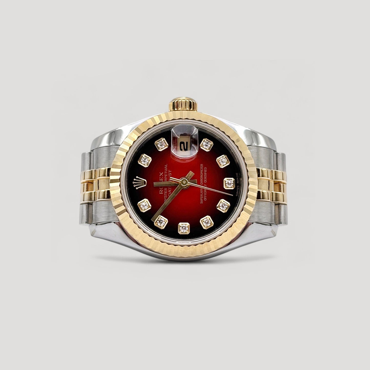 Mint Rolex Datejust Red Vignette w/ 10 Points Diamond Jubilee 26mm 179173