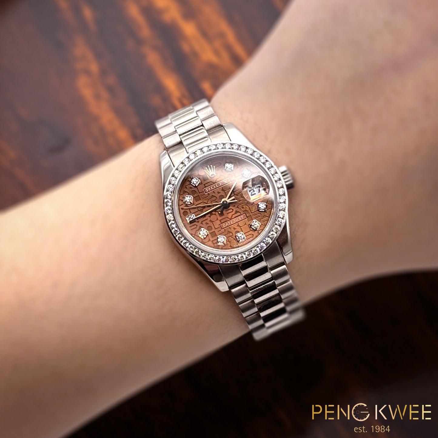 Mint Rolex Datejust Salmon Computer w/ 10 Points Diamond & Custom Diamond Bezel President White Gold 26mm 179179