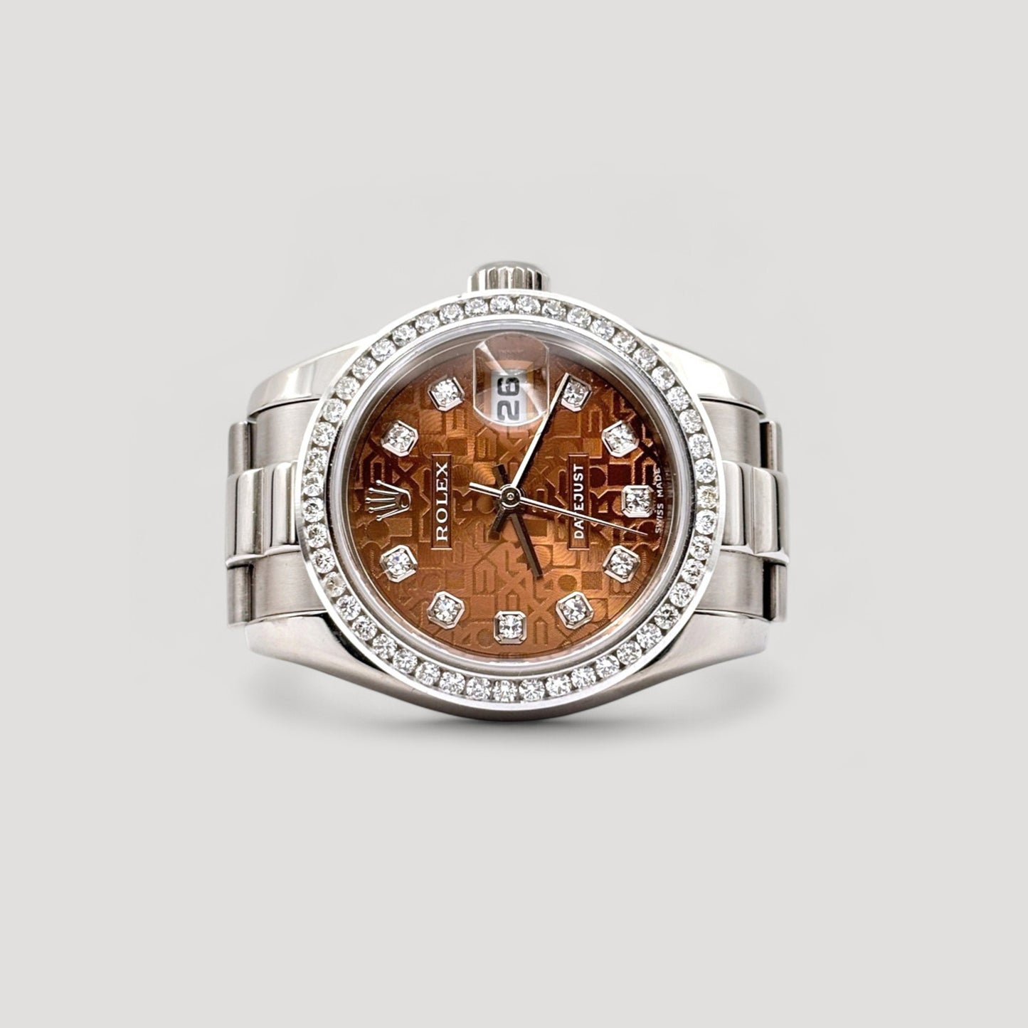 Mint Rolex Datejust Salmon Computer w/ 10 Points Diamond & Custom Diamond Bezel President White Gold 26mm 179179