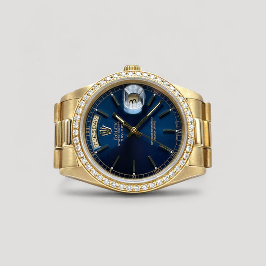 Mint Rolex Day Date "President" Blue w/ Custom Diamond Bezel Yellow Gold 36mm 18038