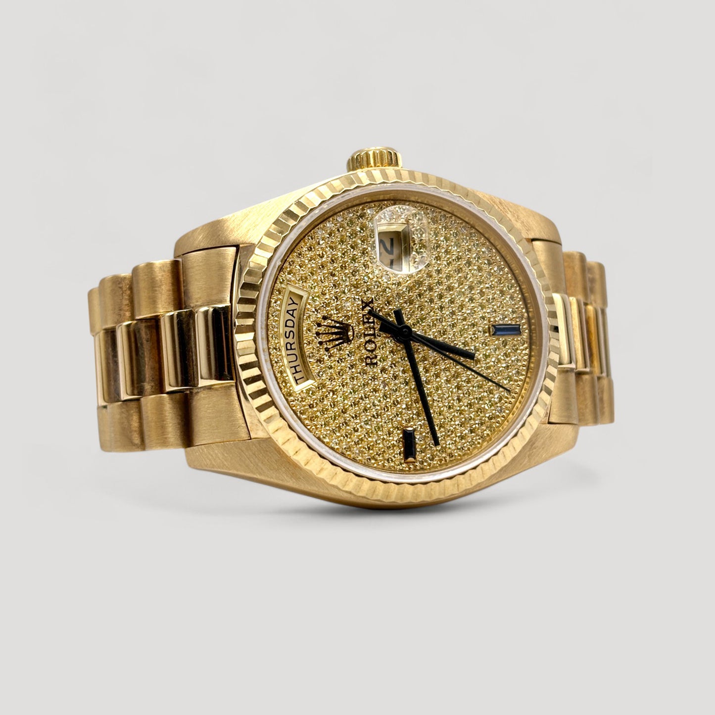 Rolex Day Date "President" Paved Diamond w/ Sapphire (Rare Crown Logo Crystal) Yellow Gold 36mm 18038