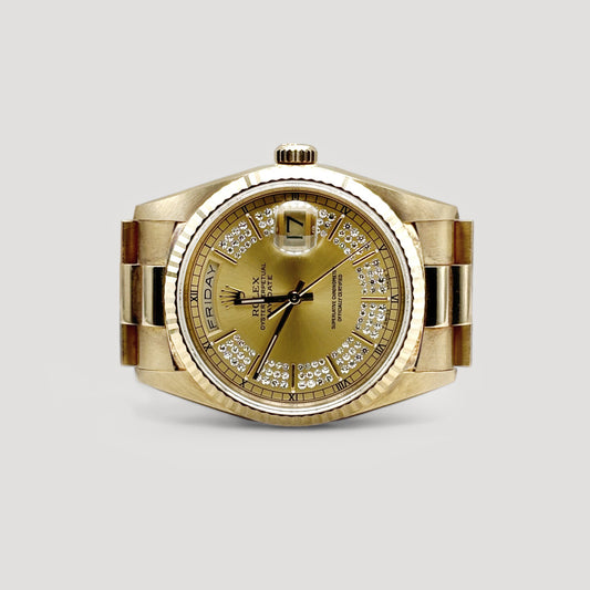 Mint Rolex Day Date Champage Myriad Diamond Dial "President" Yellow Gold 36mm 18238