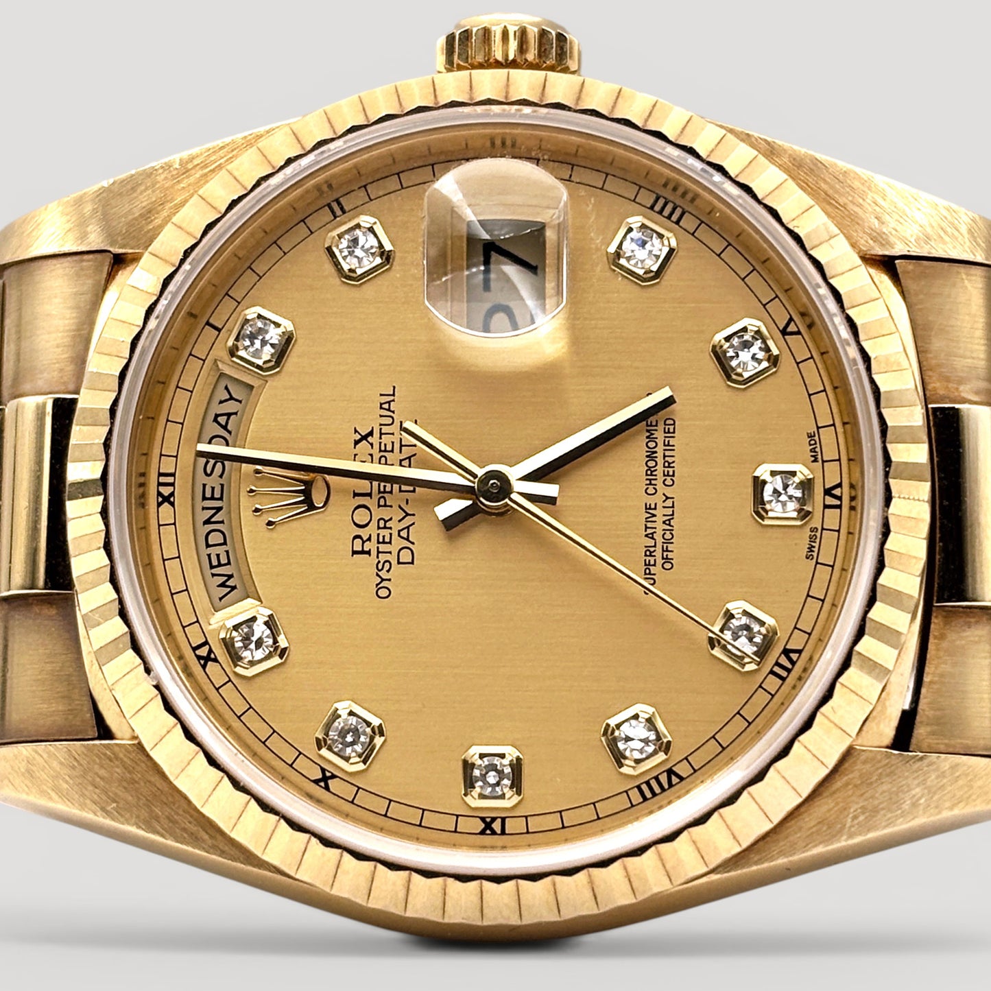 Mint Rolex Day Date 'Linen Shantung' w/ 10 Points Diamond President Yellow Gold 36mm 18238