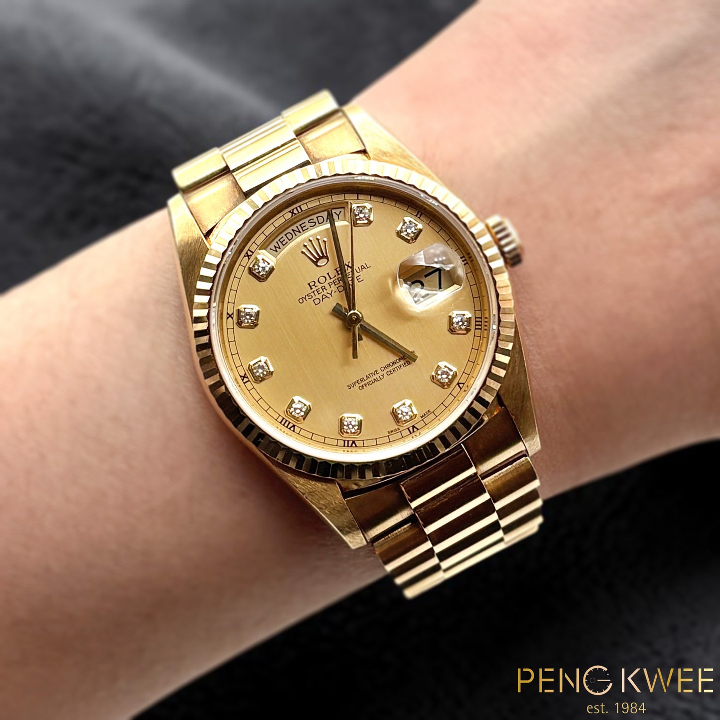 Mint Rolex Day Date 'Linen Shantung' w/ 10 Points Diamond President Yellow Gold 36mm 18238