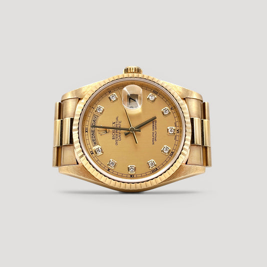 Mint Rolex Day Date 'Linen Shantung' w/ 10 Points Diamond President Yellow Gold 36mm 18238