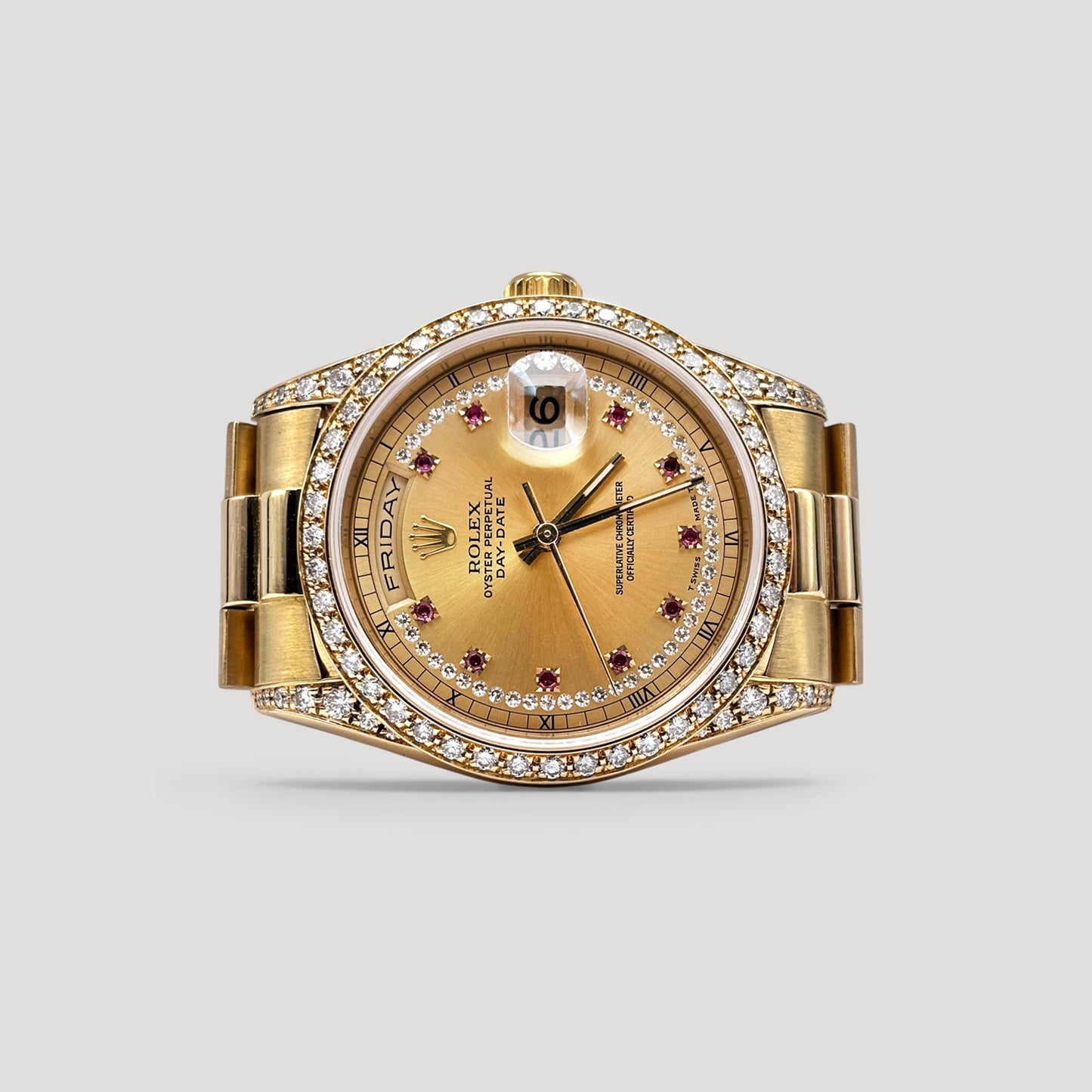 Mint Rolex Day Date Champagne String Ruby Diamond w/ Diamond Bezel & Lugs Yellow Gold 36mm 18388