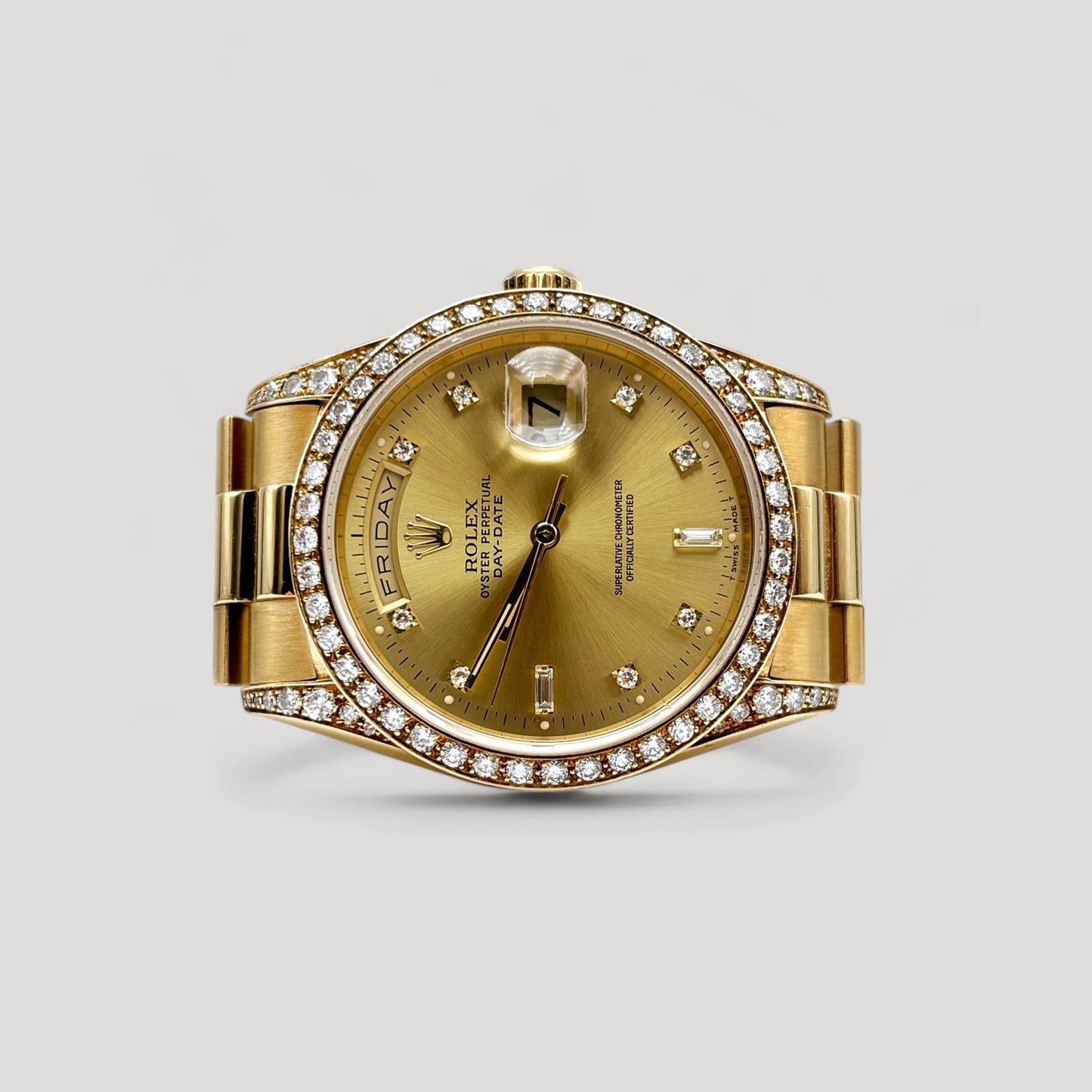 Mint Rolex Day Date Champagne w/ Diamond Dial, Diamond Bezel & Lugs Yellow Gold 36mm 18388