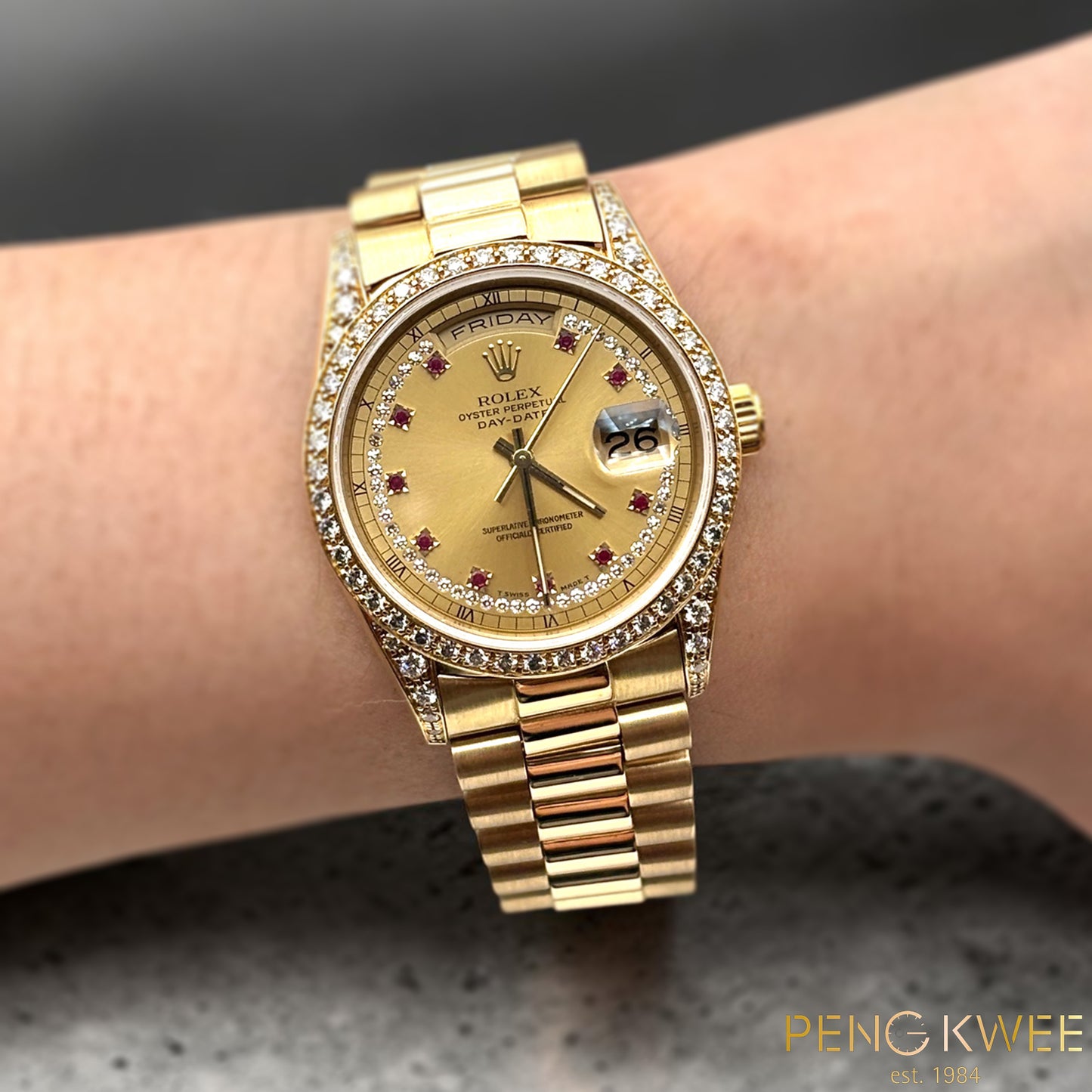 Mint Rolex Day Date Champagne String Ruby Diamond w/ Diamond Bezel & Lugs Yellow Gold 36mm 18388