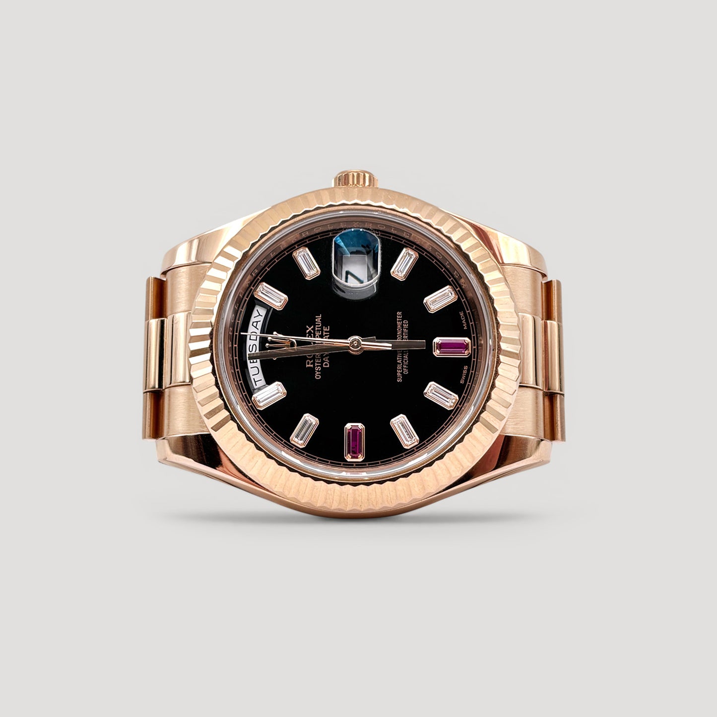 Mint Rolex Day Date Black w/ Baguette & Ruby Diamond President Rose Gold 41mm 218235