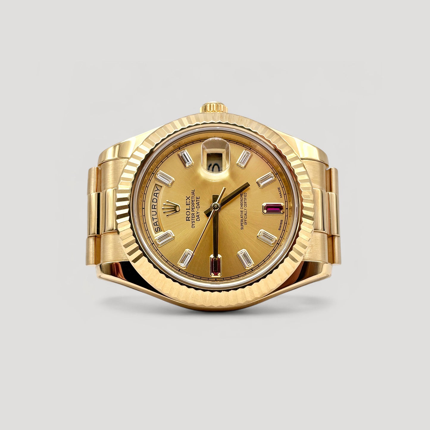 Mint Rolex Day Date Champagne w/ Baguette & Ruby Diamond President Yellow Gold 41mm 218238