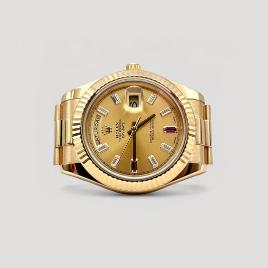 Mint Rolex Day Date Champagne w/ Baguette & Ruby Diamond President Yellow Gold 41mm 218238