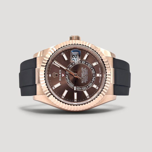 Mint Rolex Sky Dweller Chocolate Oysterflex Rose Gold 42mm 336235