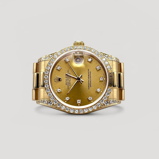Rolex Datejust "President" Champagne w/ 10 Points Diamond & Diamond Bezel Yellow Gold 31mm 68158