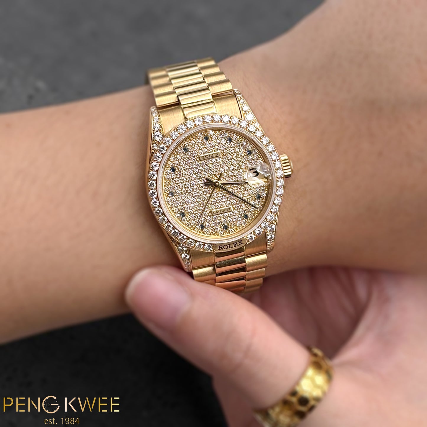 Rolex Datejust Paved Diamond w/ 11 Points Sapphire & Diamomd Bezel/Lugs Yellow Gold 31mm 68158