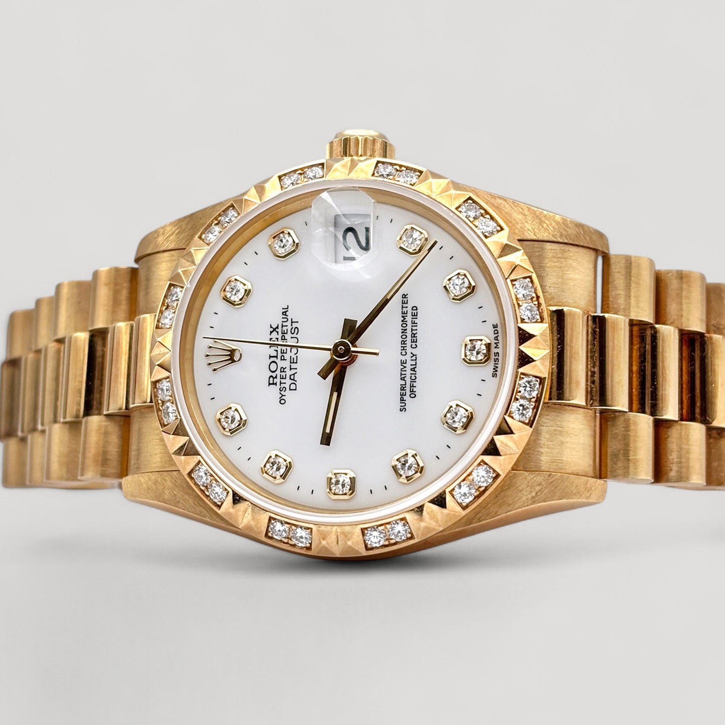 LNIB Rolex Datejust White w/ 10 Points Diamond & Diamond Bezel President Yellow Gold 31mm 68258